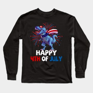 Kids Happy 4th Of July Boys Toddler Trex Dinosaur American Dino Long Sleeve T-Shirt